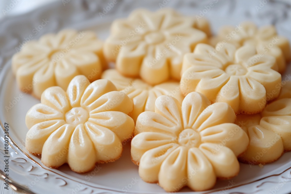 Freshly baked flower shaped butter cookies arranged on a decorative plate, creating a delightful culinary scene Freshly baked flower shaped butter cookies arranged on a decorative plate, creating a delightful culinary scene