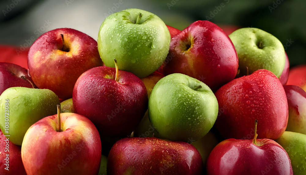 Pile of fresh red and green apples with water drop as background Pile of fresh red and green apples with water drop as background