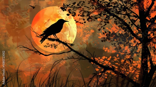 A black bird is perched on a branch in front of a full moon. The bird is looking to the left