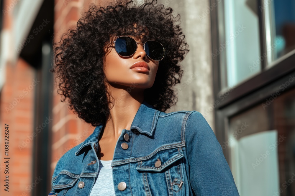 Fashionable woman with curly hair and sunglasses, denim jacket, urban setting, confident pose, stylish look Fashionable woman with curly hair and sunglasses, denim jacket, urban setting, confident pose, stylish look