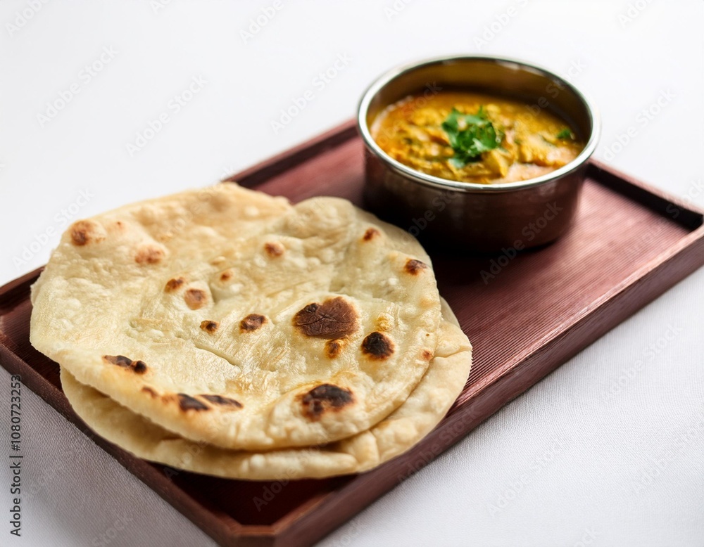 Freshly Baked Butter Garlic Naan, Lightly Brushed with Ghee and Served with a Side of Spicy Indian Curry on a Clean White Background, Ready to Enjoy Freshly Baked Butter Garlic Naan, Lightly Brushed with Ghee and Served with a Side of Spicy Indian Curry on a Clean White Background, Ready to Enjoy