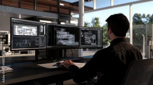 Modern workspace with an engineer designing a 3D model, dual monitors showing complex CAD renderings.