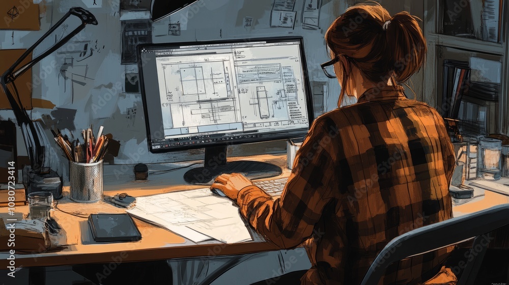 Office scene of an engineer working on CAD modeling software, creating a detailed product prototype. Office scene of an engineer working on CAD modeling software, creating a detailed product prototype.