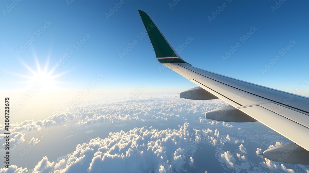Fototapeta premium Aerial view of airplane wing above clouds with sun shining, capturing a serene travel experience in the sky.