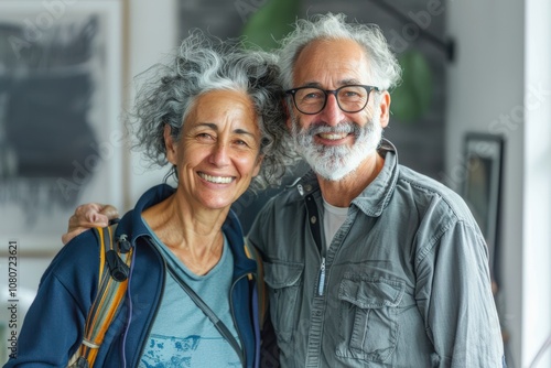 Portrait of a satisfied multiethnic couple in their 60s sporting a breathable hiking shirt in front of modern minimalist interior photo