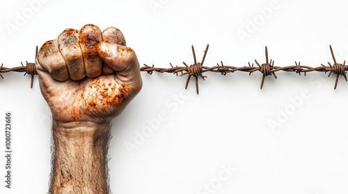 A clenched fist surrounded by barbed wire symbolizes struggle and resistance. photo