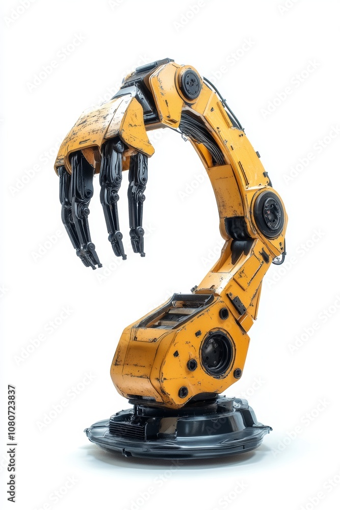 A yellow robot with a claw on its hand. The robot is made of metal and has a black base A yellow robot with a claw on its hand. The robot is made of metal and has a black base