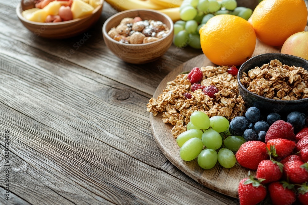 Fresh and Vibrant Assortment of Healthy Fruits, Granola, and Nuts Set on Rustic Wooden Table, Perfect for Nutrition and Wellness Themes in Creative Projects Fresh and Vibrant Assortment of Healthy Fruits, Granola, and Nuts Set on Rustic Wooden Table, Perfect for Nutrition and Wellness Themes in Creative Projects