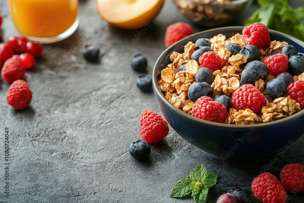 Healthy Breakfast Bowl with Oats, Fresh Berries, and Mint on a Dark Surface Surrounded by Fruits and Juice for a Nutritious Start to Your Day Healthy Breakfast Bowl with Oats, Fresh Berries, and Mint on a Dark Surface Surrounded by Fruits and Juice for a Nutritious Start to Your Day