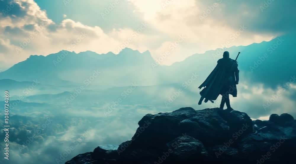 Scene of a knight walking with a mountain background, Camera slow motion with different angles Scene of a knight walking with a mountain background, Camera slow motion with different angles