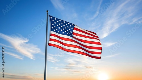 American flag waving against a bright blue sky with soft clouds, symbolizing freedom and patriotism.