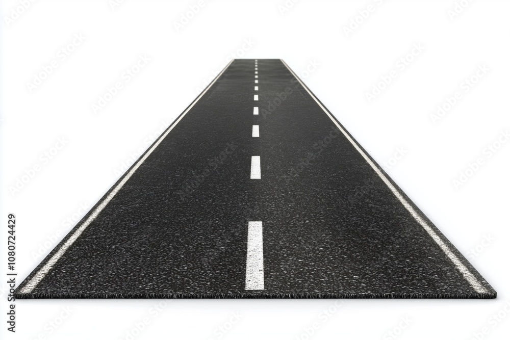Straight asphalt road with white markings, perspective view, empty and isolated, suitable for travel or transportation themes Straight asphalt road with white markings, perspective view, empty and isolated, suitable for travel or transportation themes