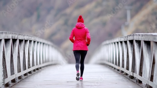 Marathoner crossing bridge during race, scenic long-distance route, capturing the journey