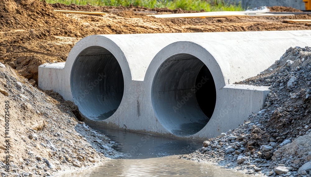 Infrastructure project featuring aligned drainage culverts, showcasing efficiency and preparedness in construction Infrastructure project featuring aligned drainage culverts, showcasing efficiency and preparedness in construction