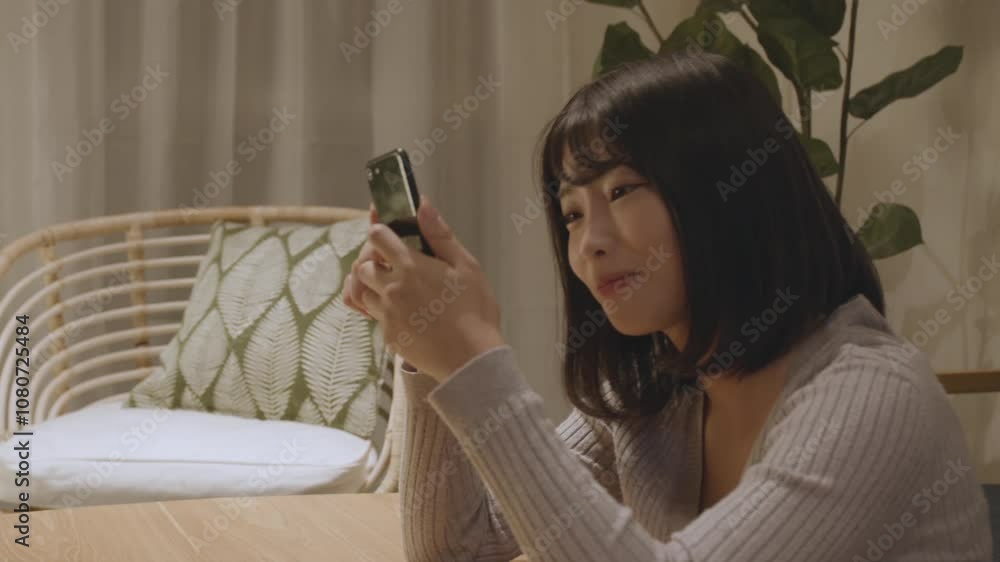 夜の部屋でくつろぐ若い女性