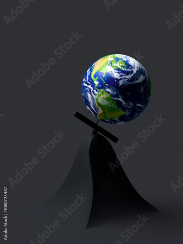 A conceptual image of a globe balanced on a pole, symbolizing the Earth's rotational axis and the idea of balance and equilibrium in nature. photo