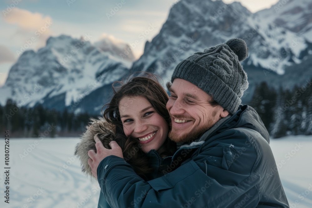 Portrait of a joyful couple in their 20s wearing a lightweight packable anorak in snowy mountain range Portrait of a joyful couple in their 20s wearing a lightweight packable anorak in snowy mountain range