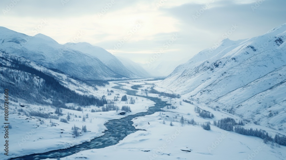 Fototapeta premium Pristine Winter Wonderland: A River Flows Through Snowy Mountains.