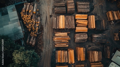 Aerial View of Wood Stacks in a Lumberyard photo