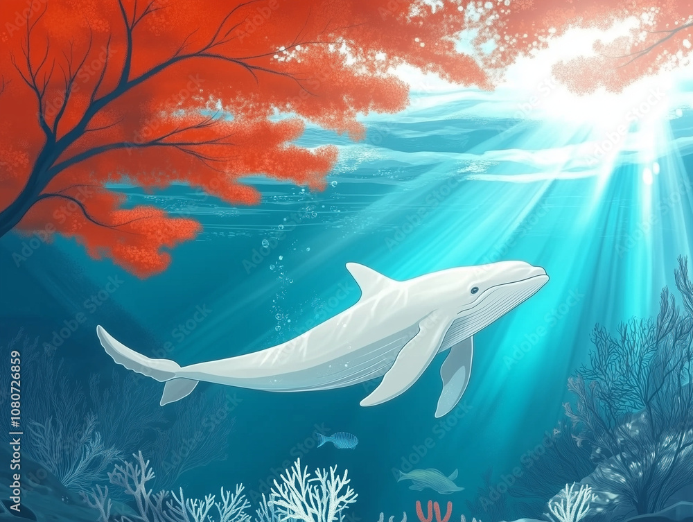 Obraz premium whale swim in the ocean with beautiful corals and marine life under the ocean. 