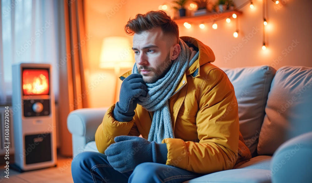 A man in street clothes freezes at home A man in street clothes freezes at home