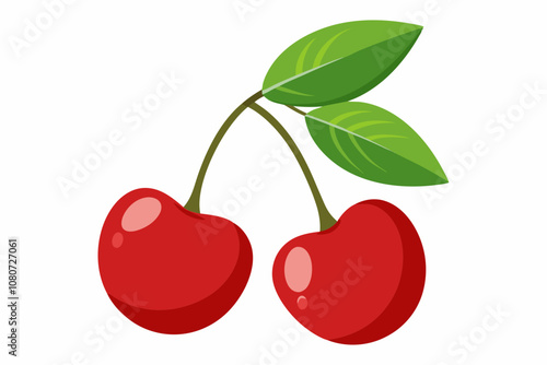 Fresh Red Cherries with Green Leaves on White Background