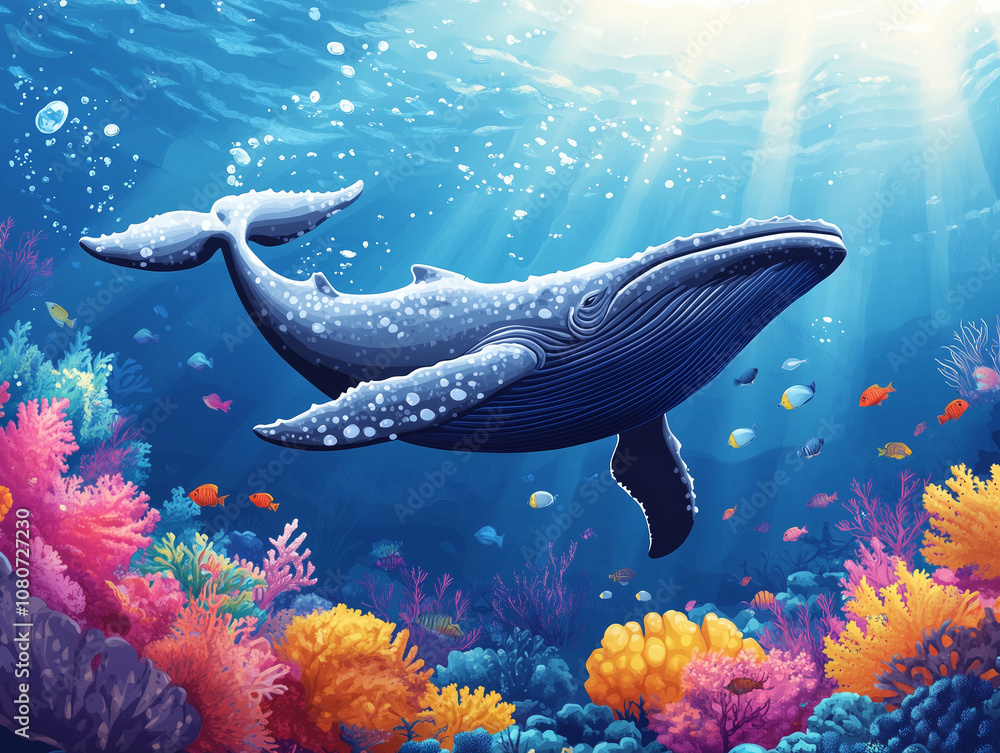 whale swim in the ocean with beautiful corals and marine life under the ...