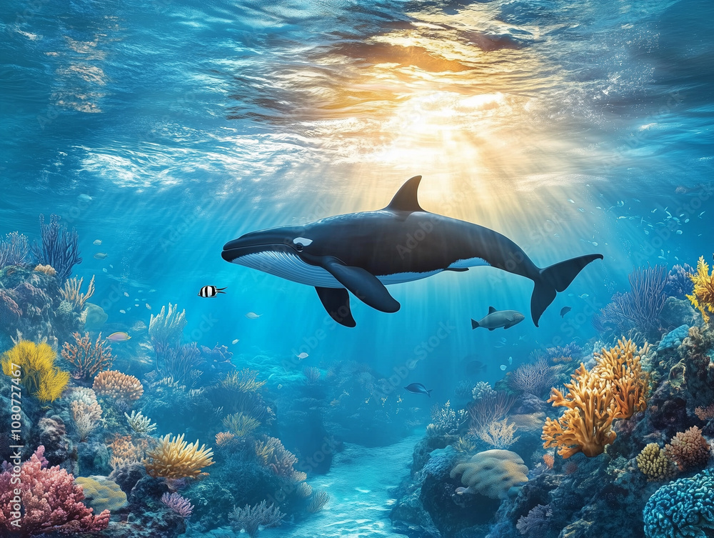 Obraz premium whale swim in the ocean with beautiful corals and marine life under the ocean. 