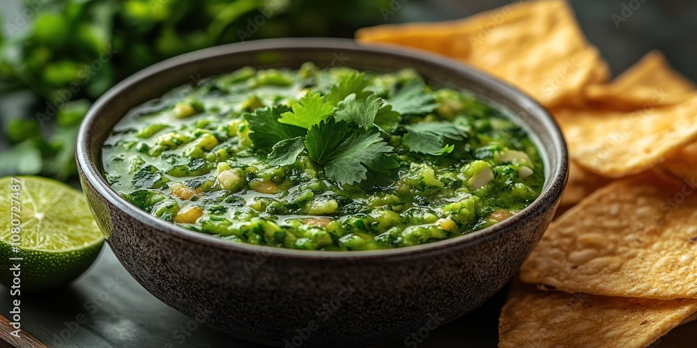 Fresh guacamole with cilantro and tortilla chips. Fresh guacamole with cilantro and tortilla chips.