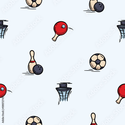Vector seamless pattern with bowling pins, ping pong, ball and basketball basket. Hand drawn background related to board games, leisure, sports and hobbies. Set of icons, signs and symbols