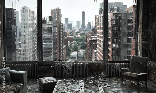 A dilapidated living room with a view of a city skyline through large windows, the room is filled with debris and furniture.