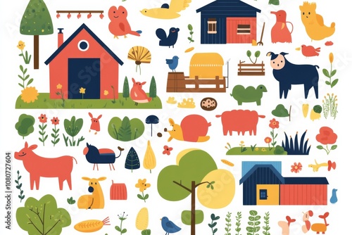 A delightful rural collection showcases various adorable farm animals amidst lush gardens charming country buildings and playful greenery creating a serene countryside atmosphere.