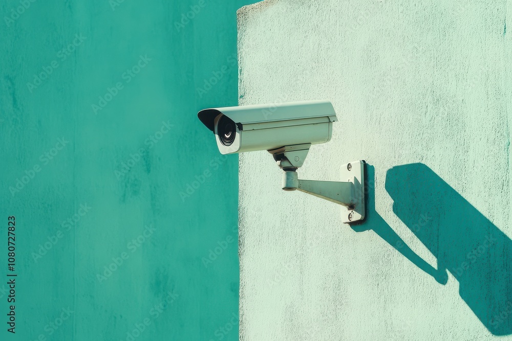 Modern Security Camera Mounted on a Mint Green Wall, Capturing Surveillance in Urban Spaces, Ideal for Safety and Protection Themes in Various Projects Modern Security Camera Mounted on a Mint Green Wall, Capturing Surveillance in Urban Spaces, Ideal for Safety and Protection Themes in Various Projects