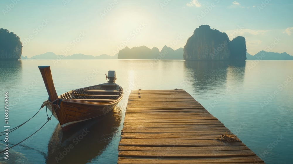 Obraz premium Wooden boat docked at a pier with limestone cliffs in the distance at sunset