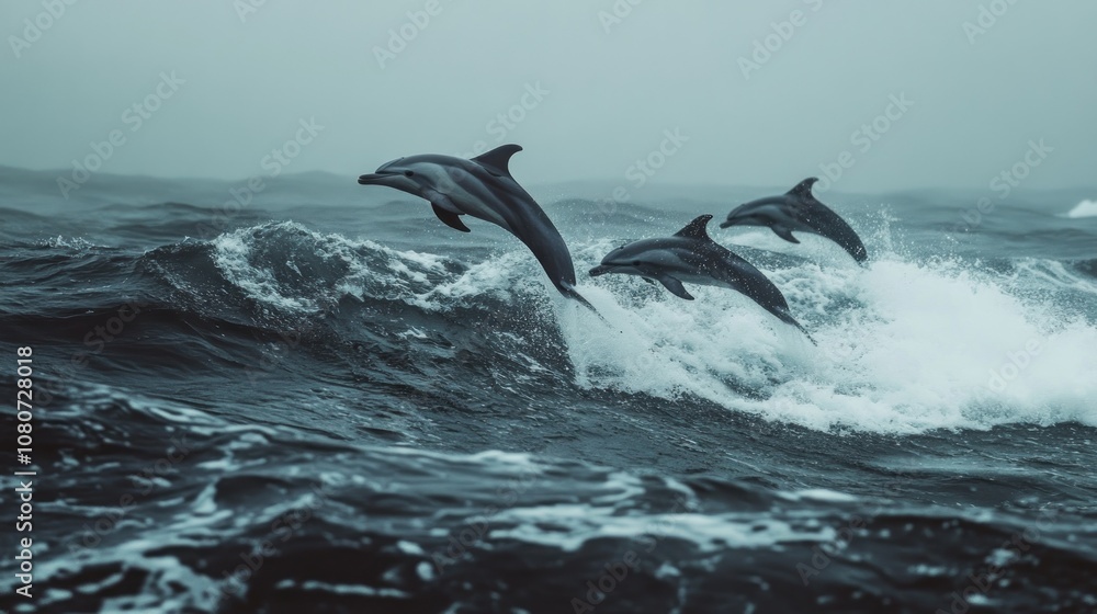 Three Dolphins Leaping Through Waves Three Dolphins Leaping Through Waves