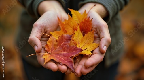 A closeup of a pair of hands holding a pile of autumn leaves.