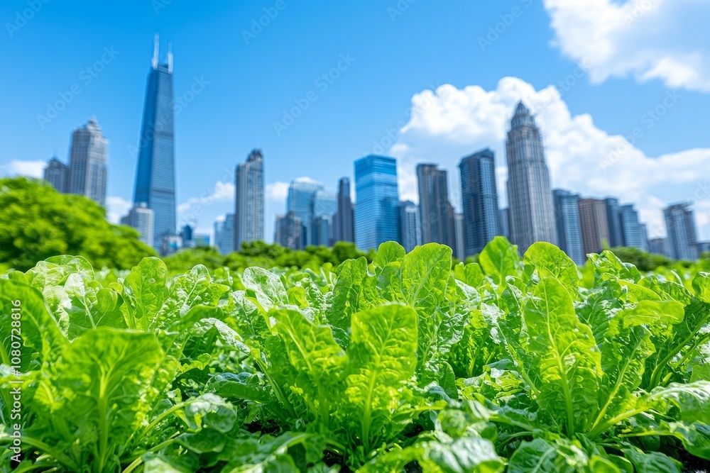 A lush green crop field stretches towards modern skyscrapers under a clear sky, displaying urban agriculture A lush green crop field stretches towards modern skyscrapers under a clear sky, displaying urban agriculture