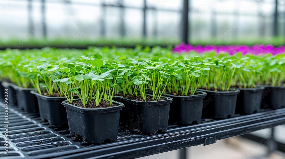 The microgreens garden in an indoor farm under blue and red LED lights The microgreens garden in an indoor farm under blue and red LED lights