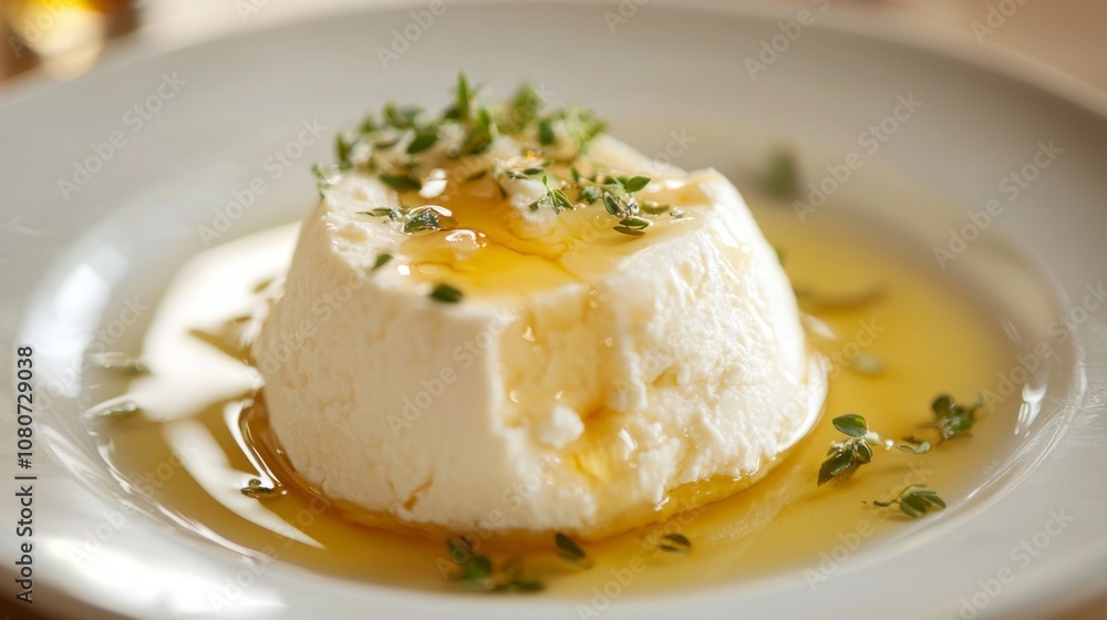 Creamy cheese drizzled with honey and topped with fresh herbs served on a white plate in a warm restaurant setting Creamy cheese drizzled with honey and topped with fresh herbs served on a white plate in a warm restaurant setting