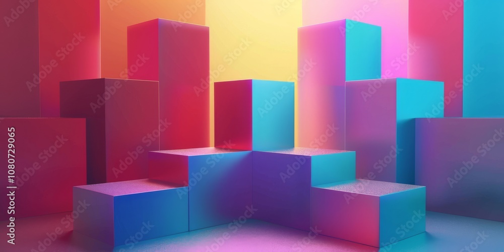 Fototapeta premium Colorful 3D cubes in neon lighting create a vibrant abstract geometric background, perfect for modern design and creative projects.
