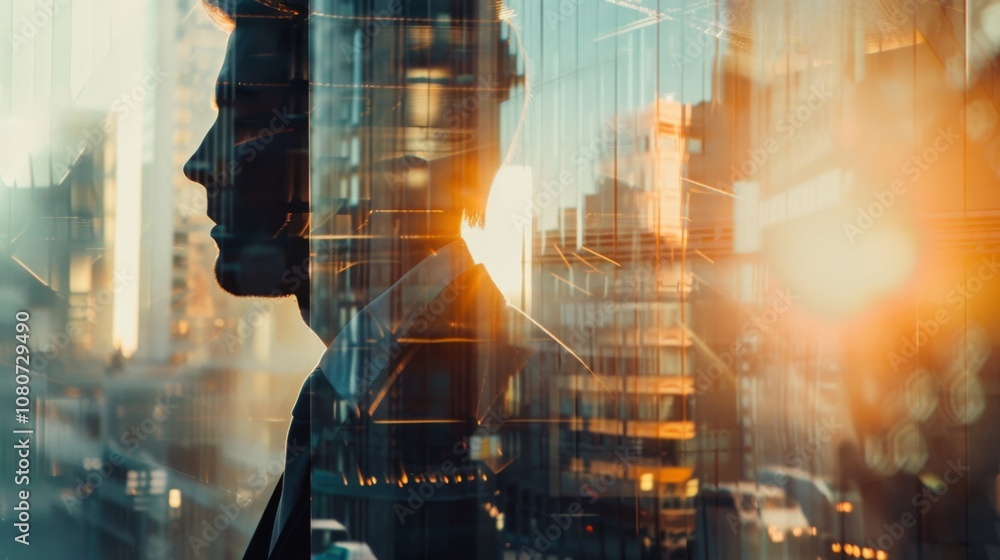 A fusion of a city skyline and a professional silhouette captures the essence of modern business. The glowing sunset highlights innovation and ambition in the urban landscape. A fusion of a city skyline and a professional silhouette captures the essence of modern business. The glowing sunset highlights innovation and ambition in the urban landscape.