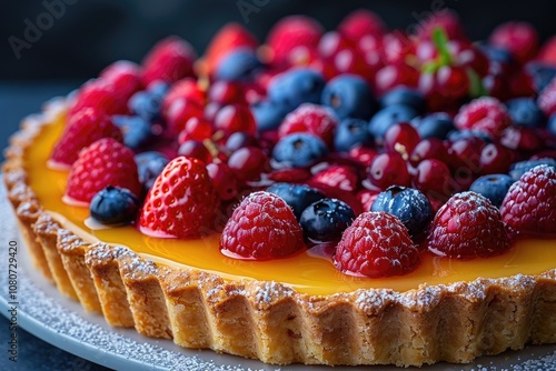 Close-Up of a Lemon Tart Topped with Raspberries, Blueberries, and Strawberries