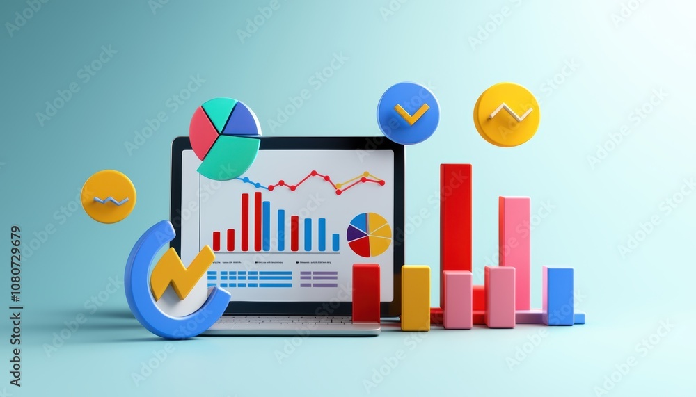 Obraz premium Analytics dashboard with floating keywords, audience graphs, and performance metrics, emphasizing targeted marketing and engagement, 3D illustration