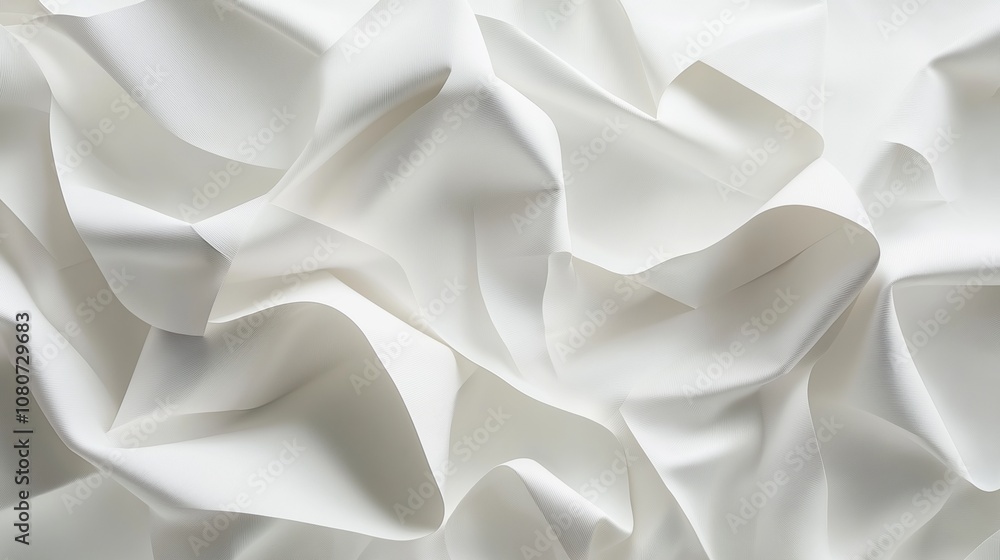 A close-up view of white crumpled fabric with soft folds and shadows. A close-up view of white crumpled fabric with soft folds and shadows.