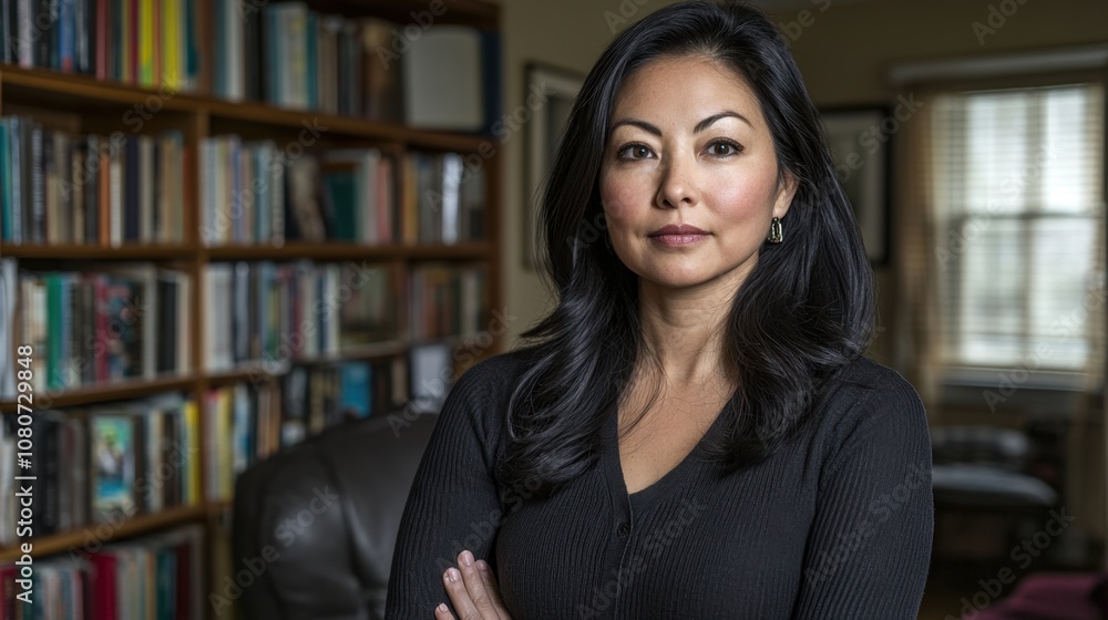 Confident Woman Posing in Front of Bookshelves in a Cozy Living Room, Emphasizing Intelligence and Strength with Natural Light and Warm Tones Confident Woman Posing in Front of Bookshelves in a Cozy Living Room, Emphasizing Intelligence and Strength with Natural Light and Warm Tones