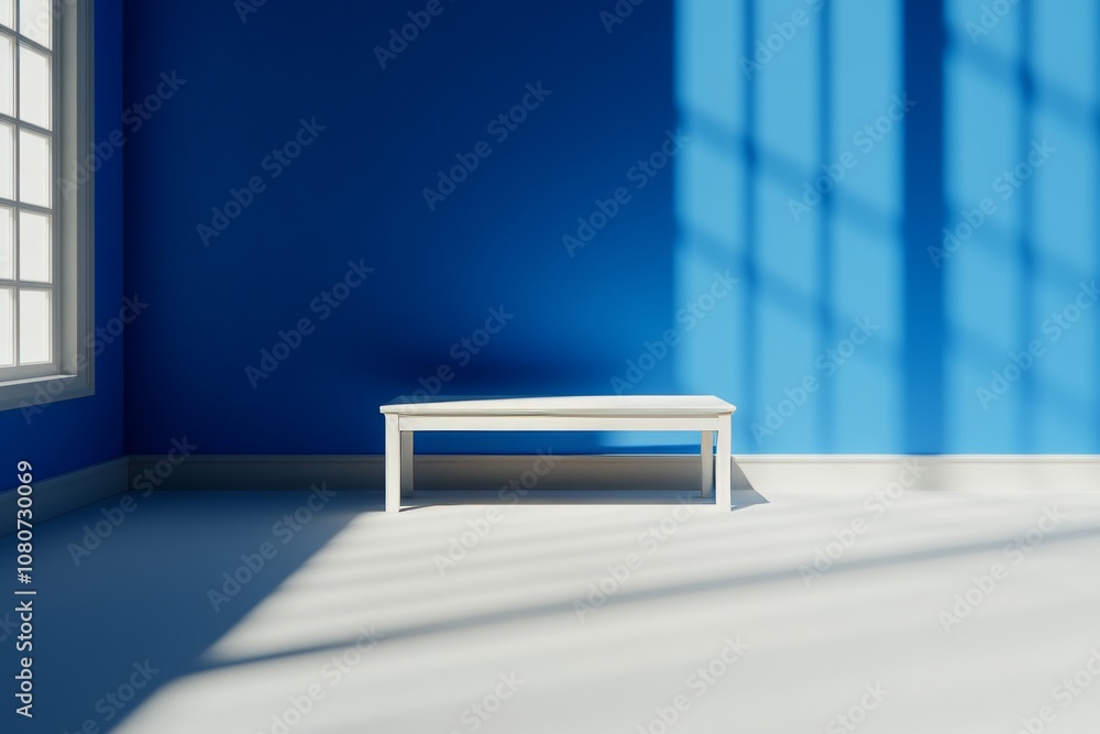 White modern minimalist heating unit with white-paneled interior and blue wall White modern minimalist heating unit with white-paneled interior and blue wall
