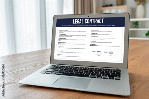 Digital legal contract provide terms and conditions document on computer screen ready for online digital signature for deal agreement of future business snugly