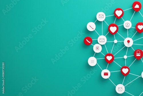 Digital content strategy, interconnected icons symbolizing relevance, flat design illustration photo