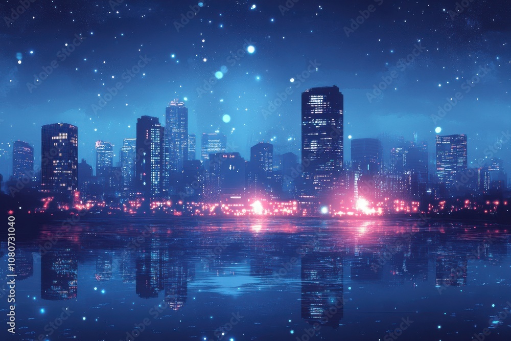 Nighttime Cityscape with Bright Lights and Reflections on Water Surface Featuring a Mystical Blue and Purple Color Palette Illuminating the Urban Landscape Nighttime Cityscape with Bright Lights and Reflections on Water Surface Featuring a Mystical Blue and Purple Color Palette Illuminating the Urban Landscape