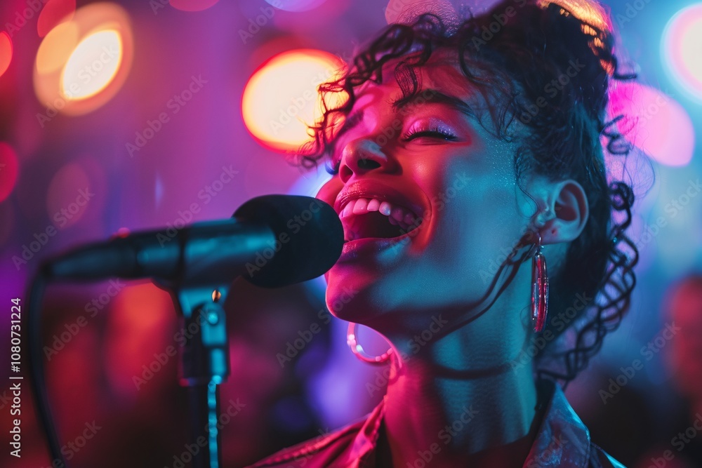 Under colorful lights, a young woman captivates the audience while singing into a microphone with joy and energy, creating a lively atmosphere in a music venue Under colorful lights, a young woman captivates the audience while singing into a microphone with joy and energy, creating a lively atmosphere in a music venue